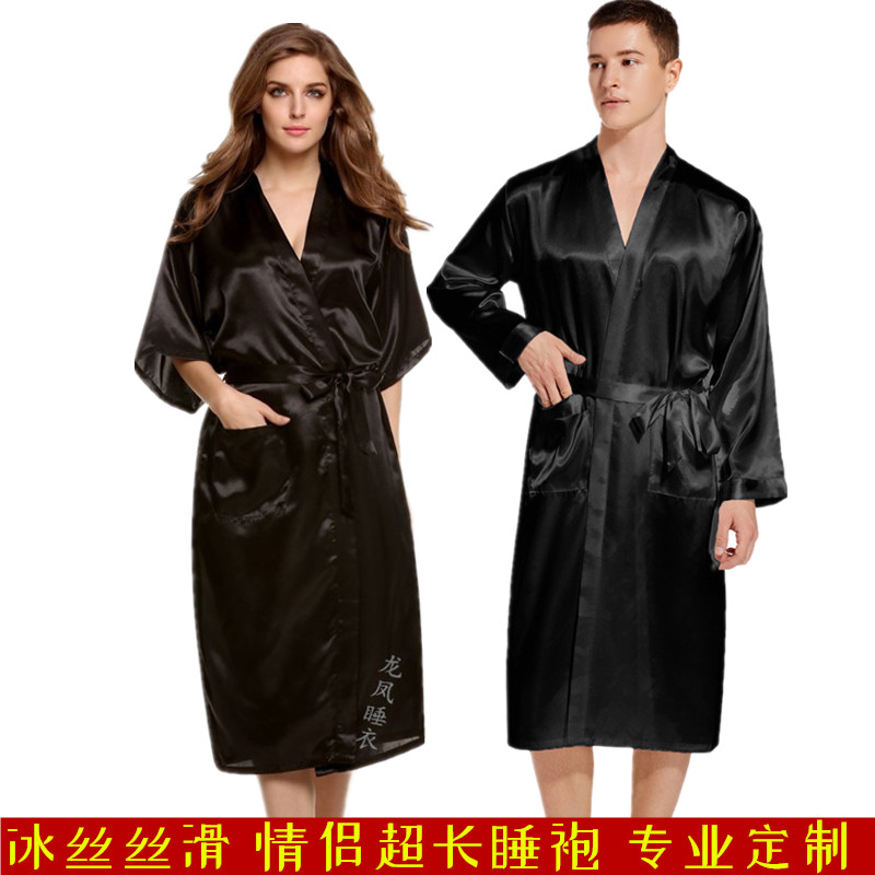 定制logo冰丝超长睡袍黑色模特走秀男女长袖酒店大码情侣和服浴