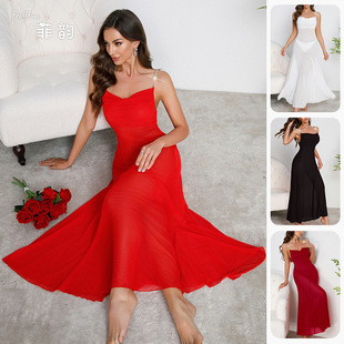 网纱超长睡裙钻石吊带女冰丝雪纺纱性感荡领抹胸鱼尾摆白色连衣裙