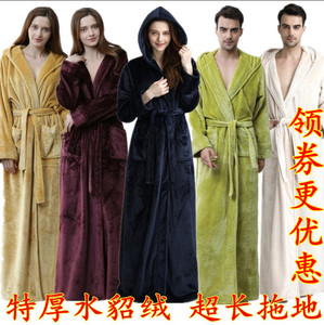 长度到脚踝情侣秋冬连帽法兰绒加厚睡袍女男黄色超长款浴袍水貂绒