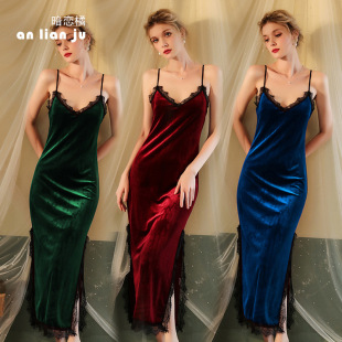 秋冬季女金丝绒蕾丝睡衣超长吊带睡裙墨绿色性感开叉加长款连衣裙