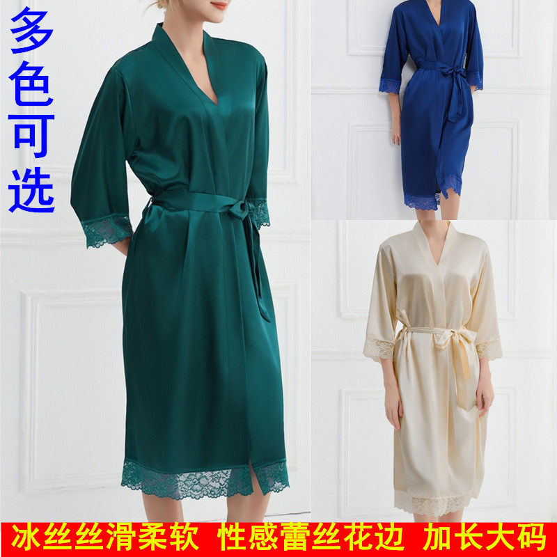 冰丝睡袍蕾丝墨绿色新娘晨袍