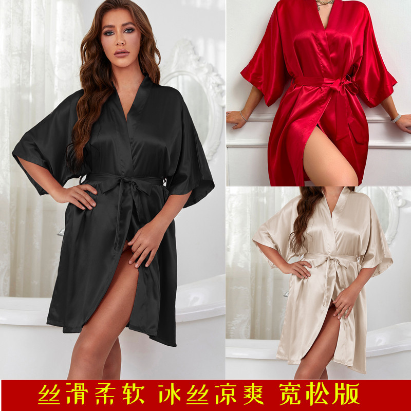 冰丝黑色睡袍黑色新娘晨袍欧美加大码短款夏女式伴娘团香槟色浴袍