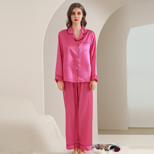 亚马逊夏季仿真丝长袖长裤睡衣女冰丝家居服纽扣两件套装薄款大码
