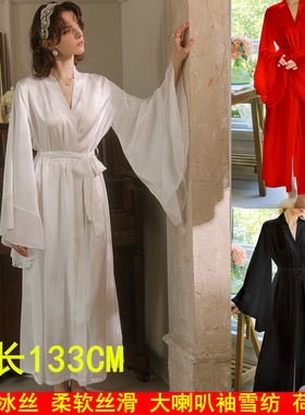 冰丝超长睡袍红色新娘晨袍女夏季大喇叭袖雪纺荷叶边白色浴袍长袖