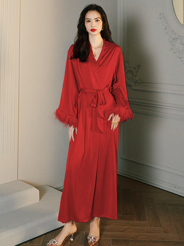 LIGHT LUXURY ICE SILK SATIN FEATHER BRIDAL MORNING GOWN DARK GREEN FEMALE BLACK SUSPENDER NIGHTDRESS SUPER LONG NIGHTGOWN BRIDESMAID BATHROBE