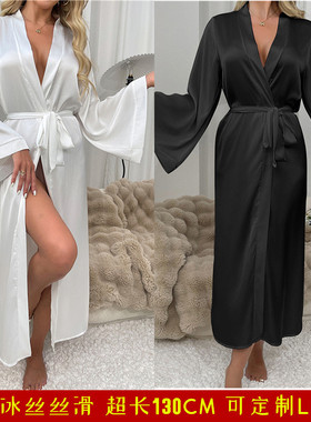 缎面冰丝超长睡袍黑色模特走秀女仿真丝长袖白色新娘晨袍定制LOGO