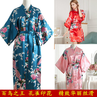 孔雀印花睡袍加长款美容院浴袍女