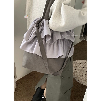 裙边皱褶帆布包大容量托特包