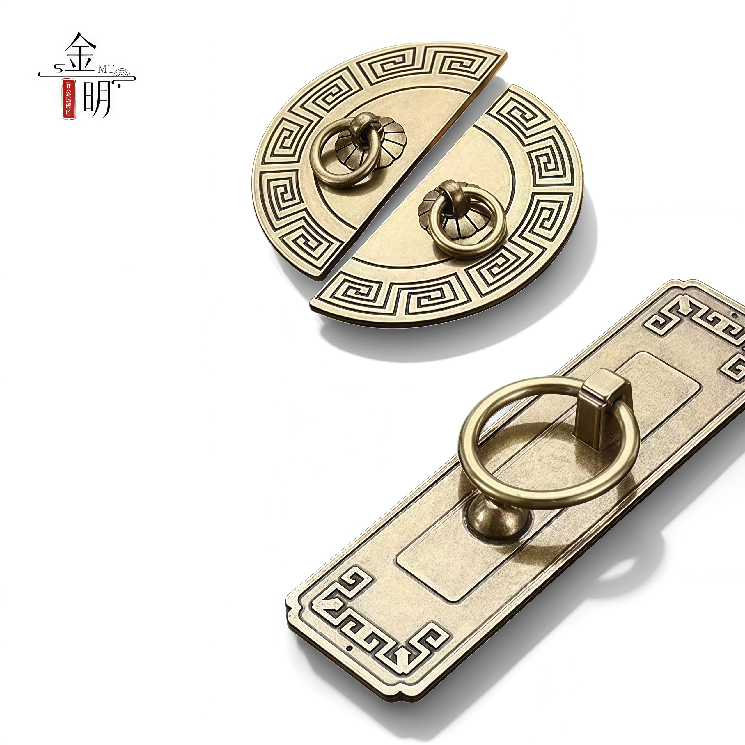 中式古典锌合金圆形柜门拉手金色回纹装饰高档五金把手