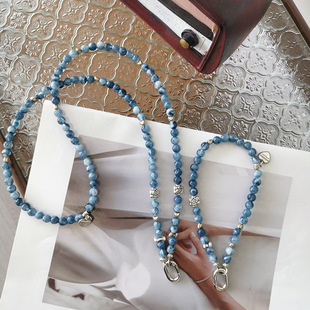 仿蓝晶石串珠手机链挂链长款 饰链小包链高档 可斜挎挂脖手提精致装