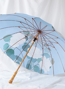 沛欣复古风伞女 原创栀子花蓝色流苏竹杆长柄伞全自动10骨晴雨伞