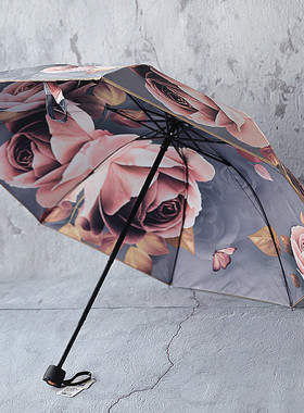 百盛洋伞女 夏季双面双层黑胶伞复古风灰色印花拱形晴雨伞遮阳伞