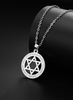 六芒星水钻项链吊坠饰品双层叠链嘻哈设计钛钢情侣男女不掉色宇宙