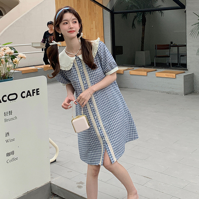 甜美A字裙l格子娃娃领蕾丝