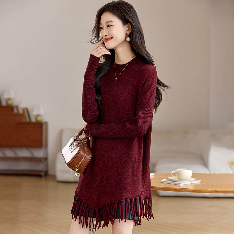安可拉红毛衣女中长款2024秋冬装新款宽松遮肚小个子针织连衣裙子