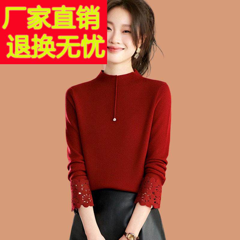 半高领红色毛衣女士秋冬2025新款小个子短款花瓣袖内搭羊毛打底衫