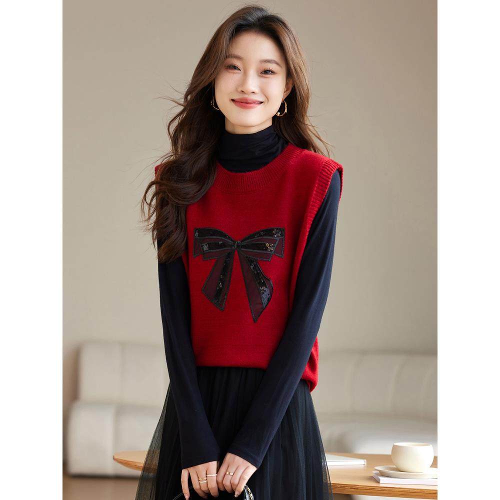 毛衣马甲背心女秋冬2024新款小个子短款套头红色内搭针织坎肩上衣