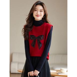 毛衣马甲背心女秋冬2024新款小个子短款套头红色内搭针织坎肩上衣