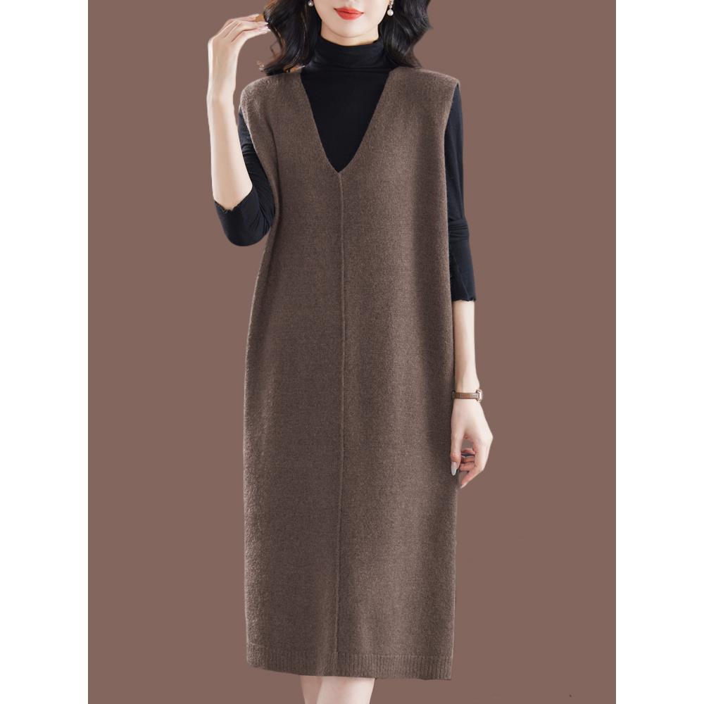 胖mm加大码针织羊毛衫连衣裙女宽松时尚马甲无袖羊绒纯色洋气遮肚