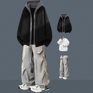 秋冬韩系连帽针织衫 潮流帅气男生毛衣慵懒风三件套 外套青少年套装