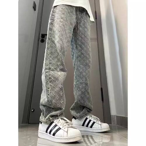 满印碎花牛仔裤男秋冬款美式高街drill裤子潮牌痞帅炸街微辣喇裤