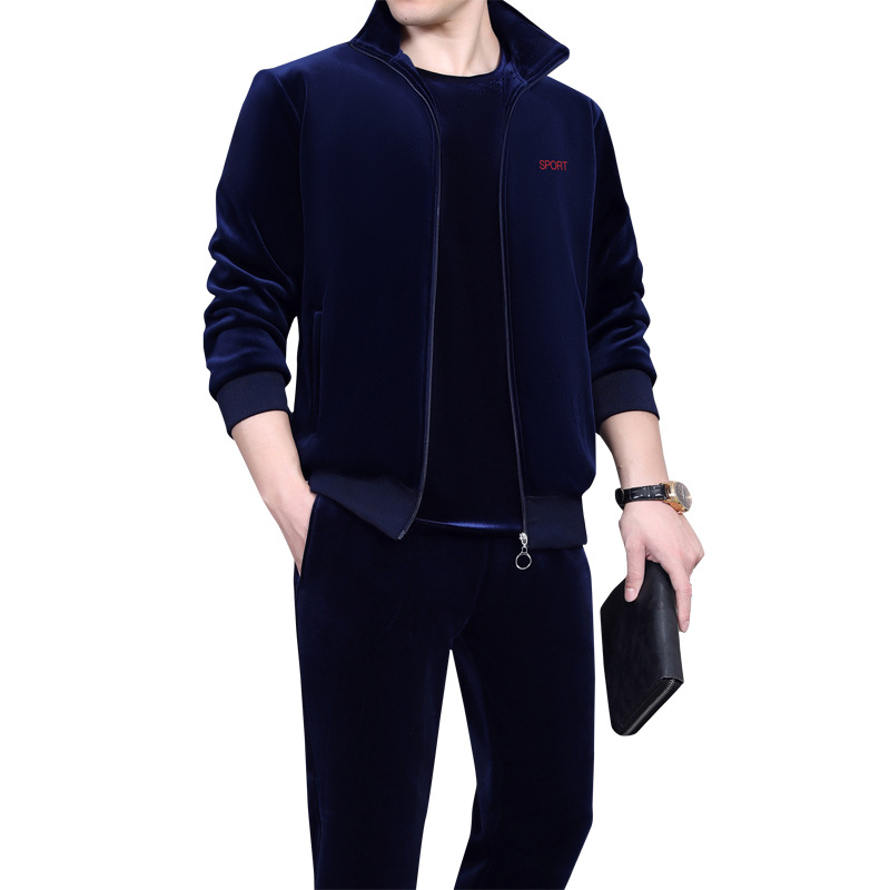 乔舟瓒秋冬加厚金丝绒运动服休闲套装男士中老年保暖双面绒外套爸