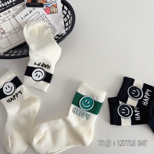 儿童纯棉立体笑脸字母网眼运动白袜子排汗透气潮 男童袜子春夏薄款