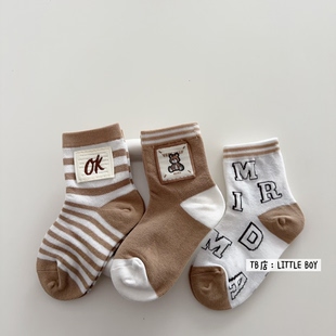 男童袜子春夏季 网眼儿童美拉德色系布标小熊字母中筒袜宝宝潮 薄款