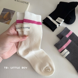 3双 春秋韩系儿童袜可爱男女布贴笑脸字母双针织堆堆袜中筒棉 包邮