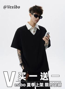 W455高质量假两件夏季短袖衬衫P37黑色灰色M到3XL
