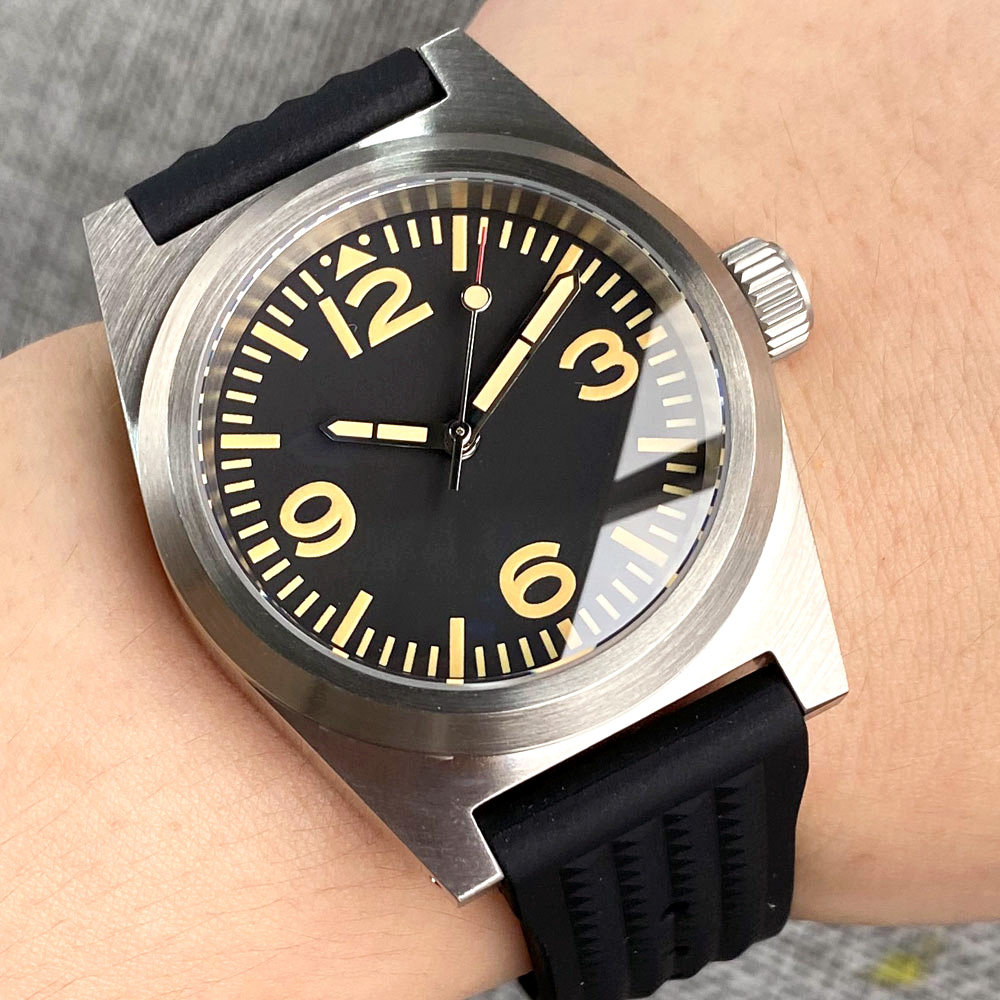 200米防水38mm钢制自动手表男士nh35黄色数字防反射蓝宝石