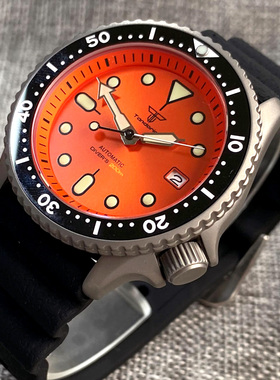 Tandorio男士真钛手表橙色SKX 3.8潜水员机械手表20bar防水豪华