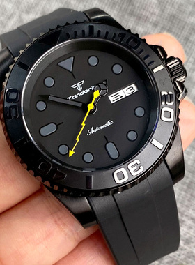 Tandorio黑色水鬼防水机械男表日本NH36A机芯黄色闪光秒针弯头胶