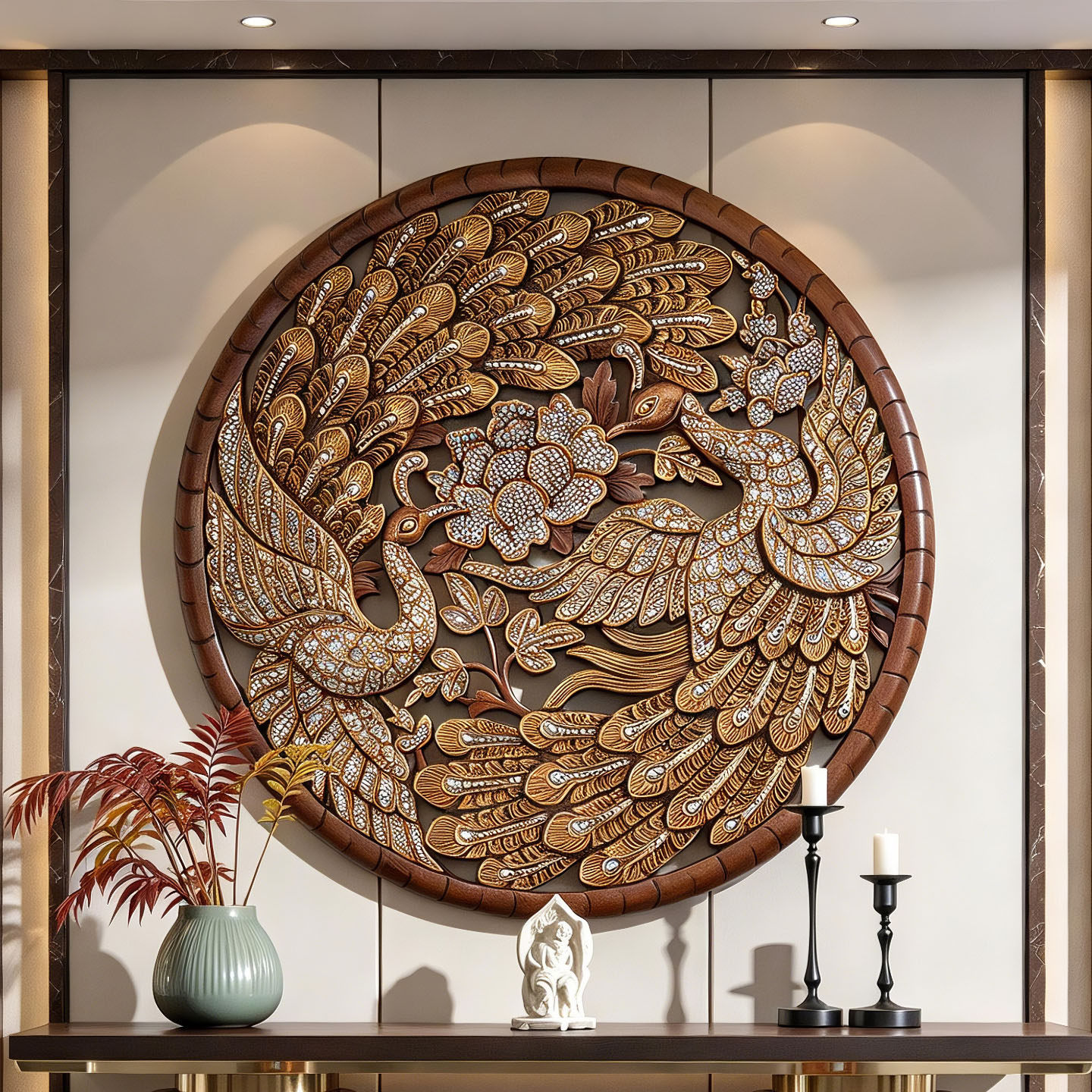 泰国雕花板孔雀图案圆形木雕装饰画家居客厅玄关背景墙大象壁挂画