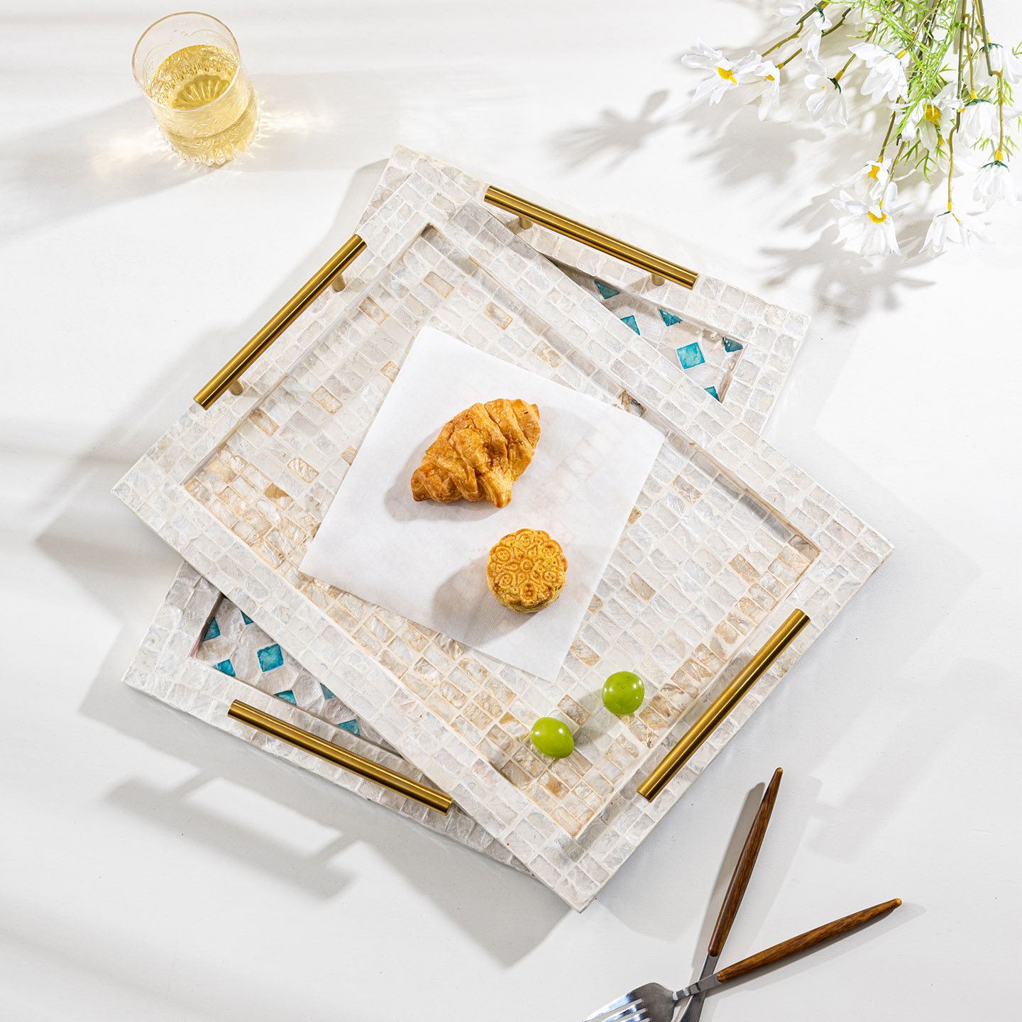 北欧ins风贝壳托盘长方形家用早餐餐盘茶盘下午茶点心茶杯收纳盘