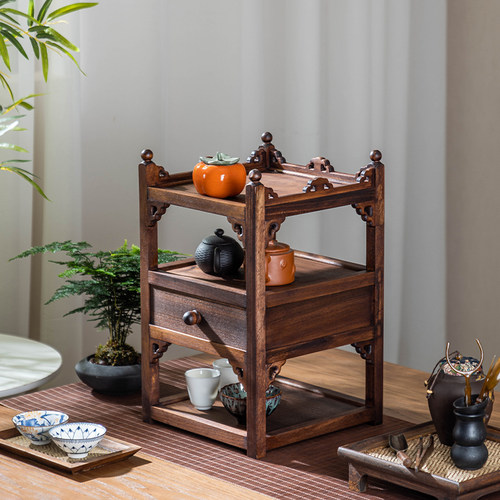 中式实木桌面博古架茶杯收纳架