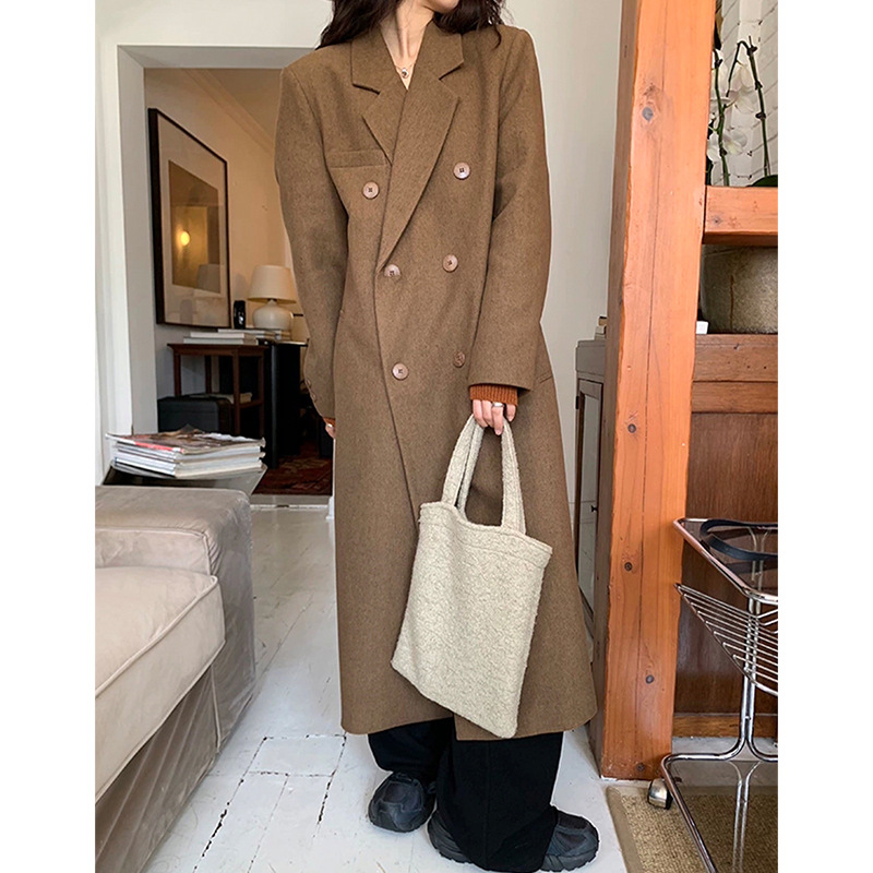 2025秋冬新款大码女装羊毛呢外套女胖mm长款气质宽松咖色大衣