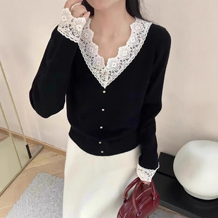大码女装气质蕾丝拼接打底针织衫秋冬长袖遮肉毛衣上衣