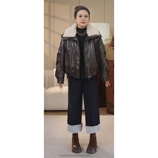 皮毛一体羊羔毛拼接pu皮衣外套女 2025新款 王牌皮衣