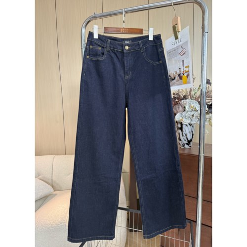 撤柜款  深蓝色高腰阔腿牛仔裤女秋季宽松显瘦遮肉直筒裤