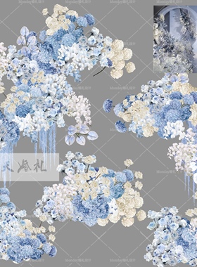 福利-A016蓝白色绣球满天星婚礼花艺素材psd源文件蓝色婚礼效果图