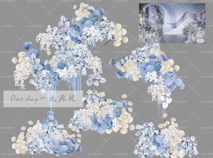 福利-A016蓝白色绣球满天星婚礼花艺素材psd源文件蓝色婚礼效果图