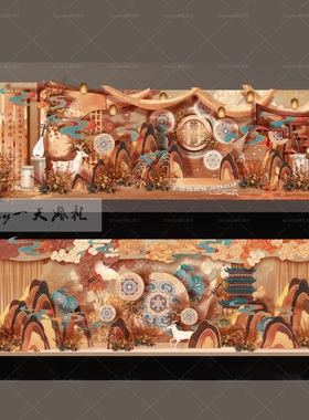 C031橙红色新中式敦煌中式婚礼效果图宝宝宴ps源文件敦煌背景素材