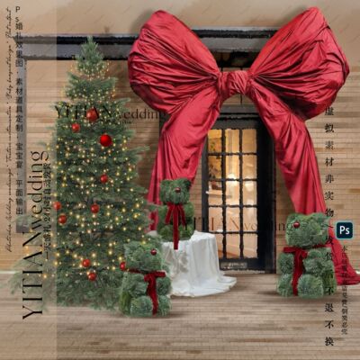 C177圣诞树红色蝴蝶结网红打卡点布景店铺橱窗礼盒绿植小熊效果图
