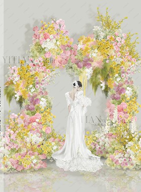 a229黄粉色满天星多巴胺彩色婚礼花艺效果图ps文件黄色多巴胺花艺