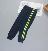 子春夏款 中小学生幼儿园纯棉校裤 深蓝色白绿条二杠宽松皮筋校裤