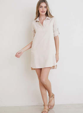 bella dahl 天丝白色休闲V领卷边长袖中长裙23091413