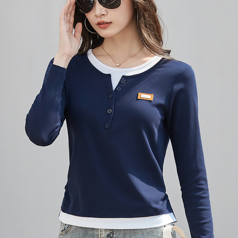 假两件纯棉长袖T恤女春秋季新款蓝色修身短款上衣正肩漂亮打底衫