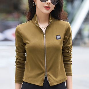 立领双拉链长袖 纯棉开衫 2026修身 外套女小个子春秋款 t恤上衣 短款