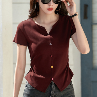收腰下摆开叉上衣 设计感纯色v领洋气小衫 正肩短袖 T恤女夏2025新款